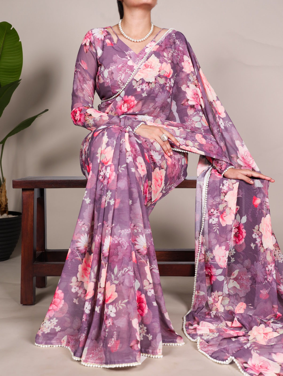Aubergine Floral Pearl Saree