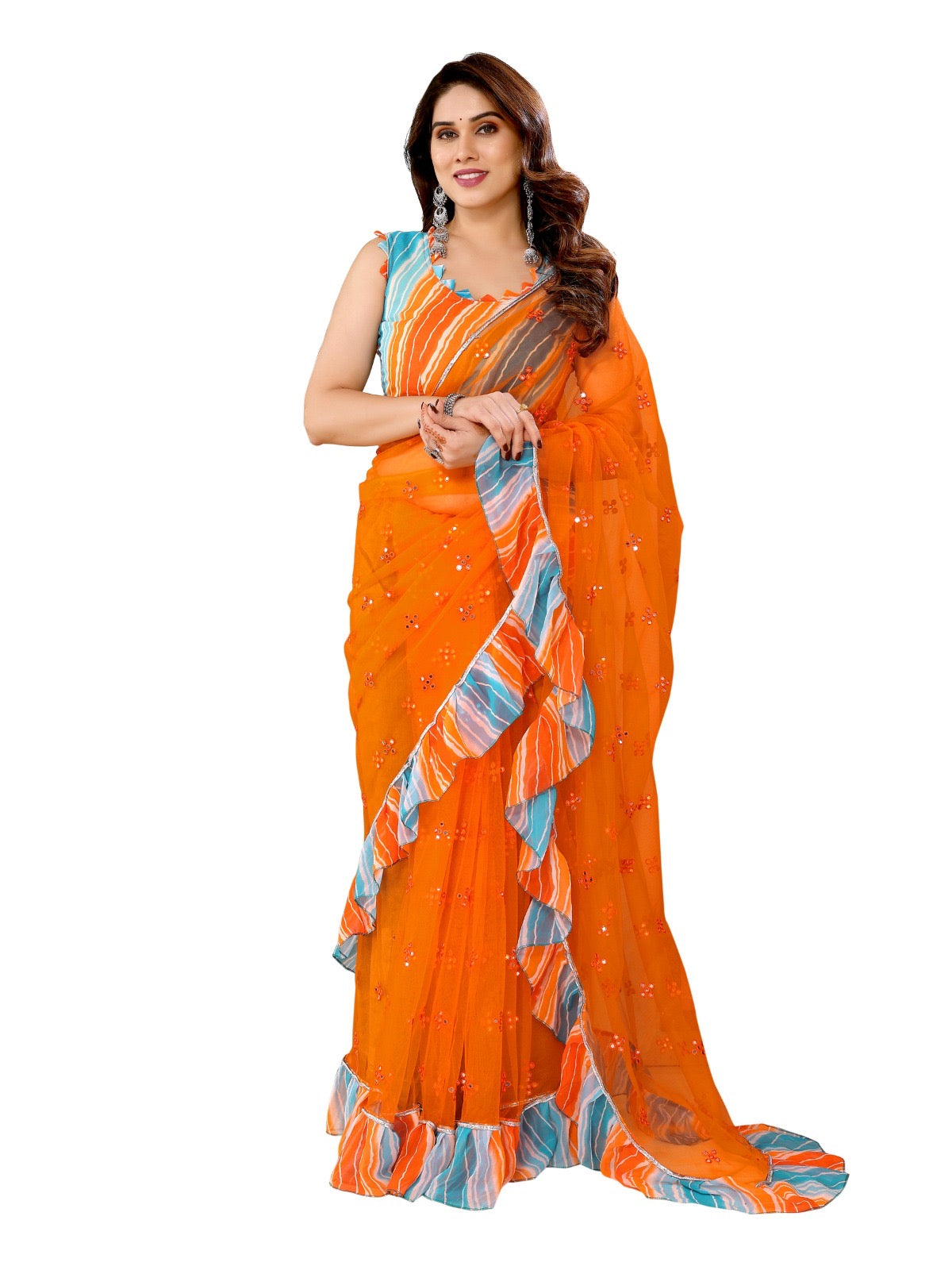 Orange Mirror Ruffle Dreams Saree
