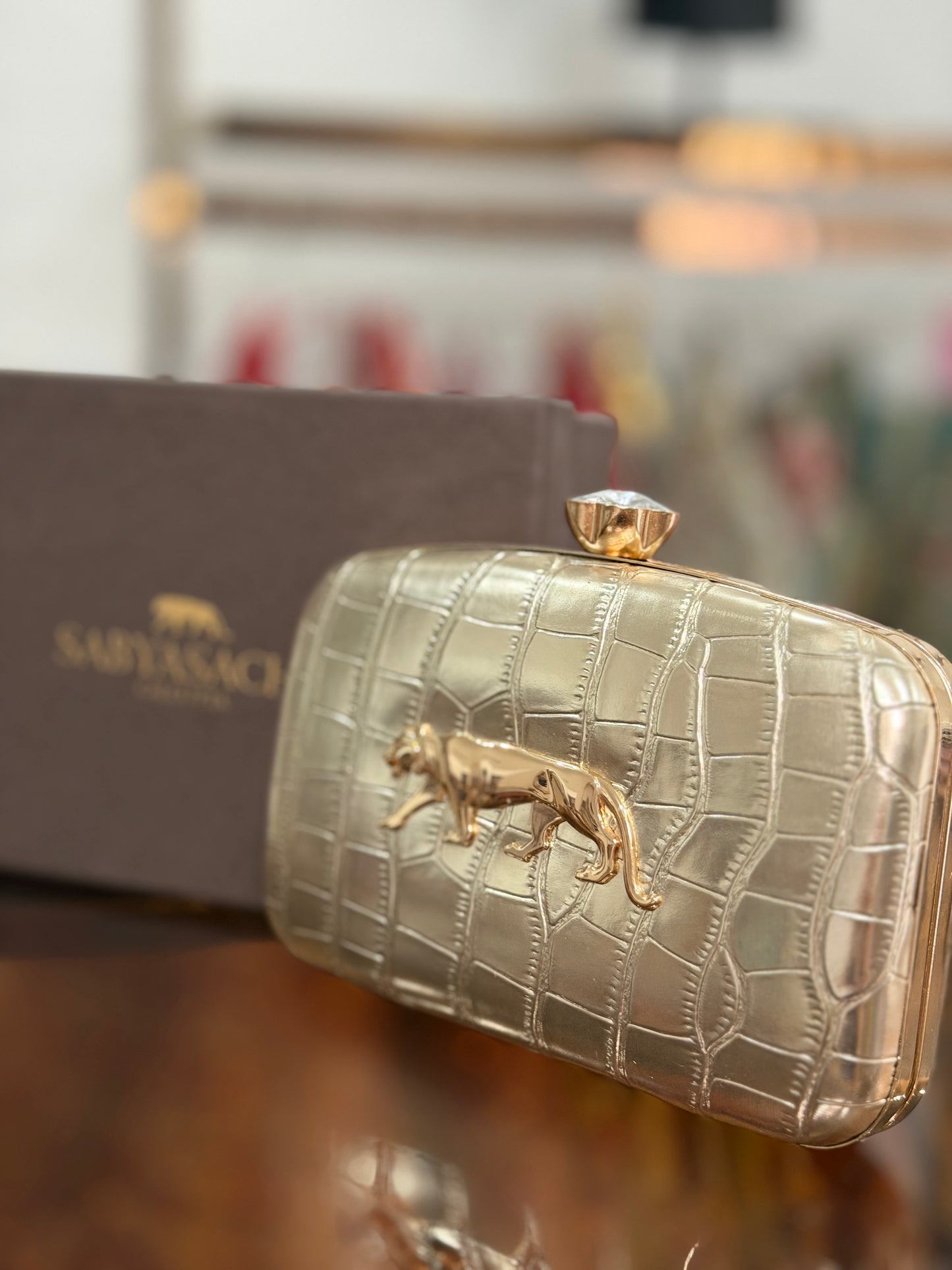 Sabyasachi Inspired Crystal Croc Clutch - Gold