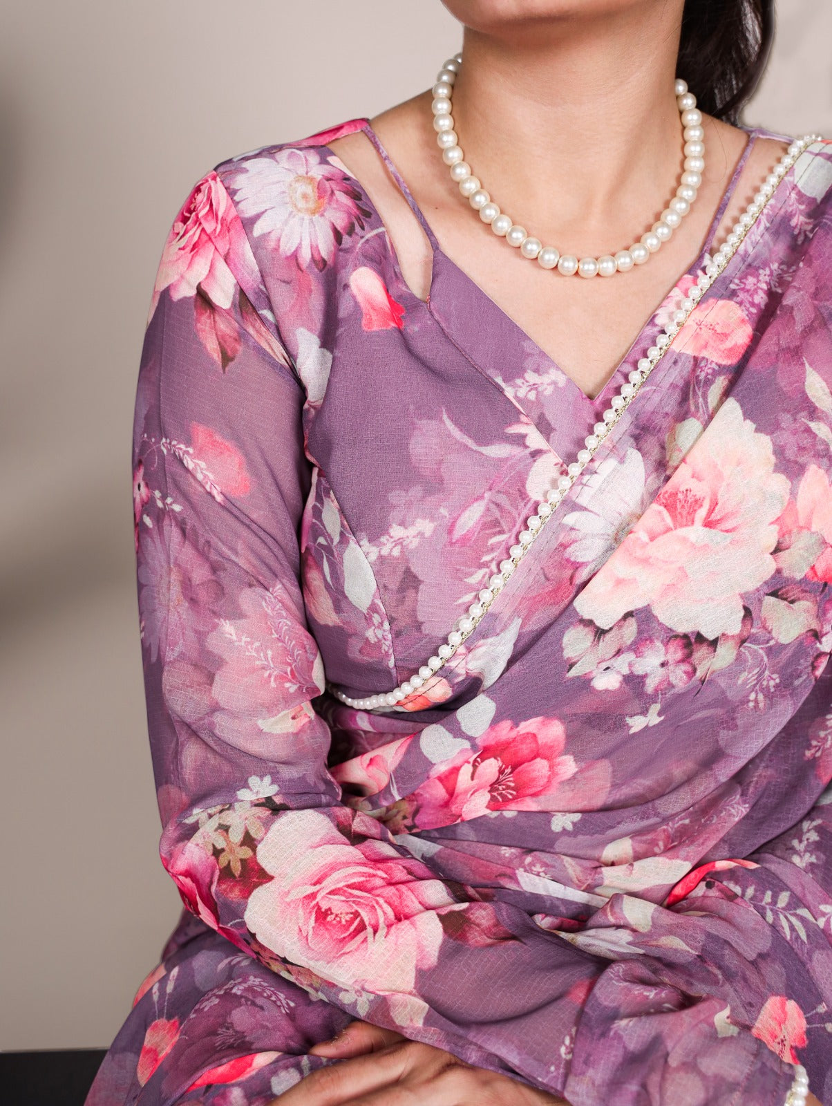 Aubergine Floral Pearl Saree