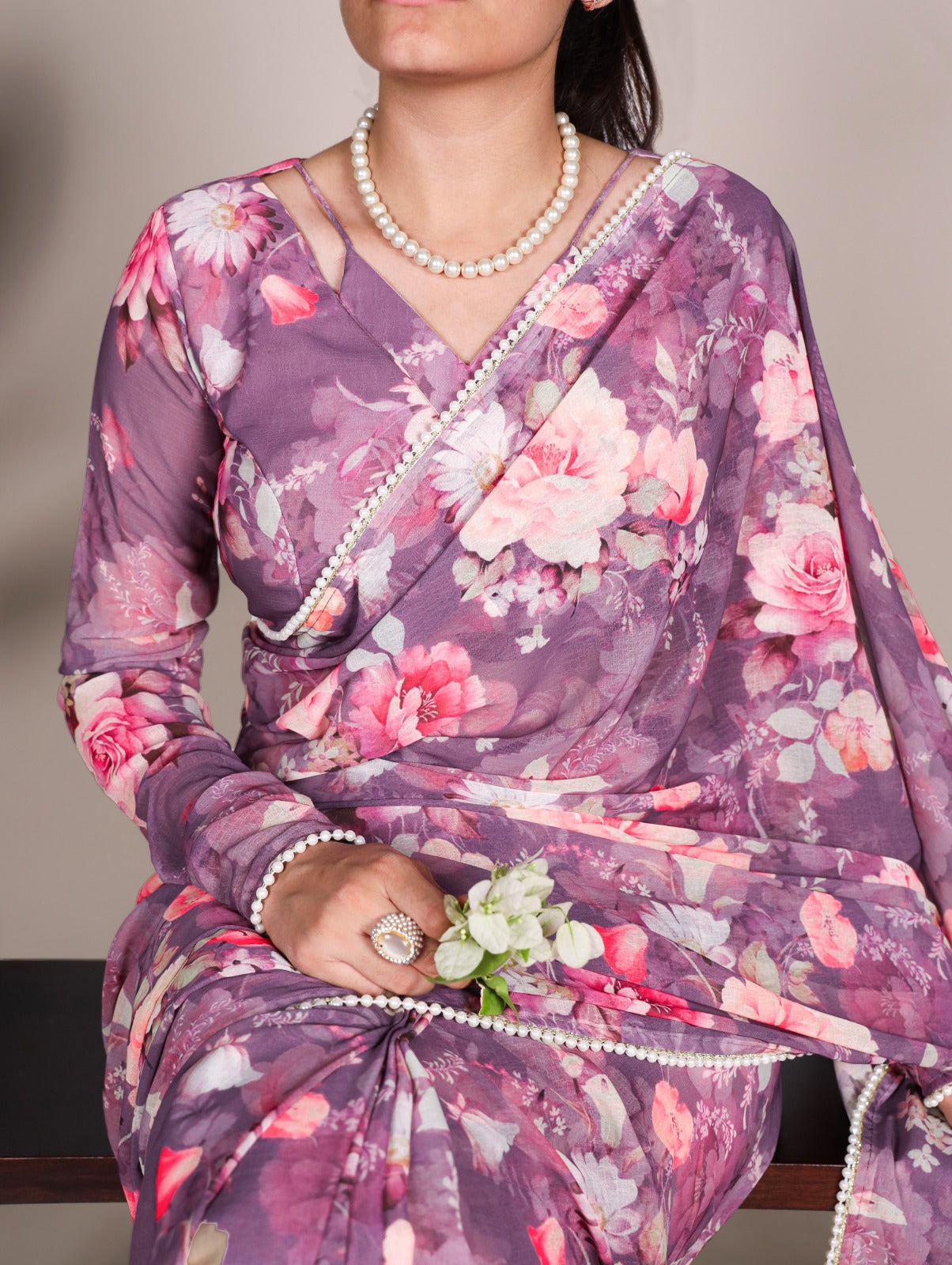 Aubergine Floral Pearl Saree