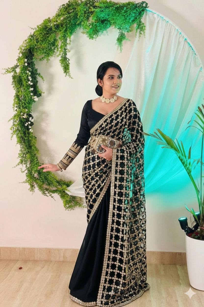 viral-net-mirror-work-saree-tanishq-boutique