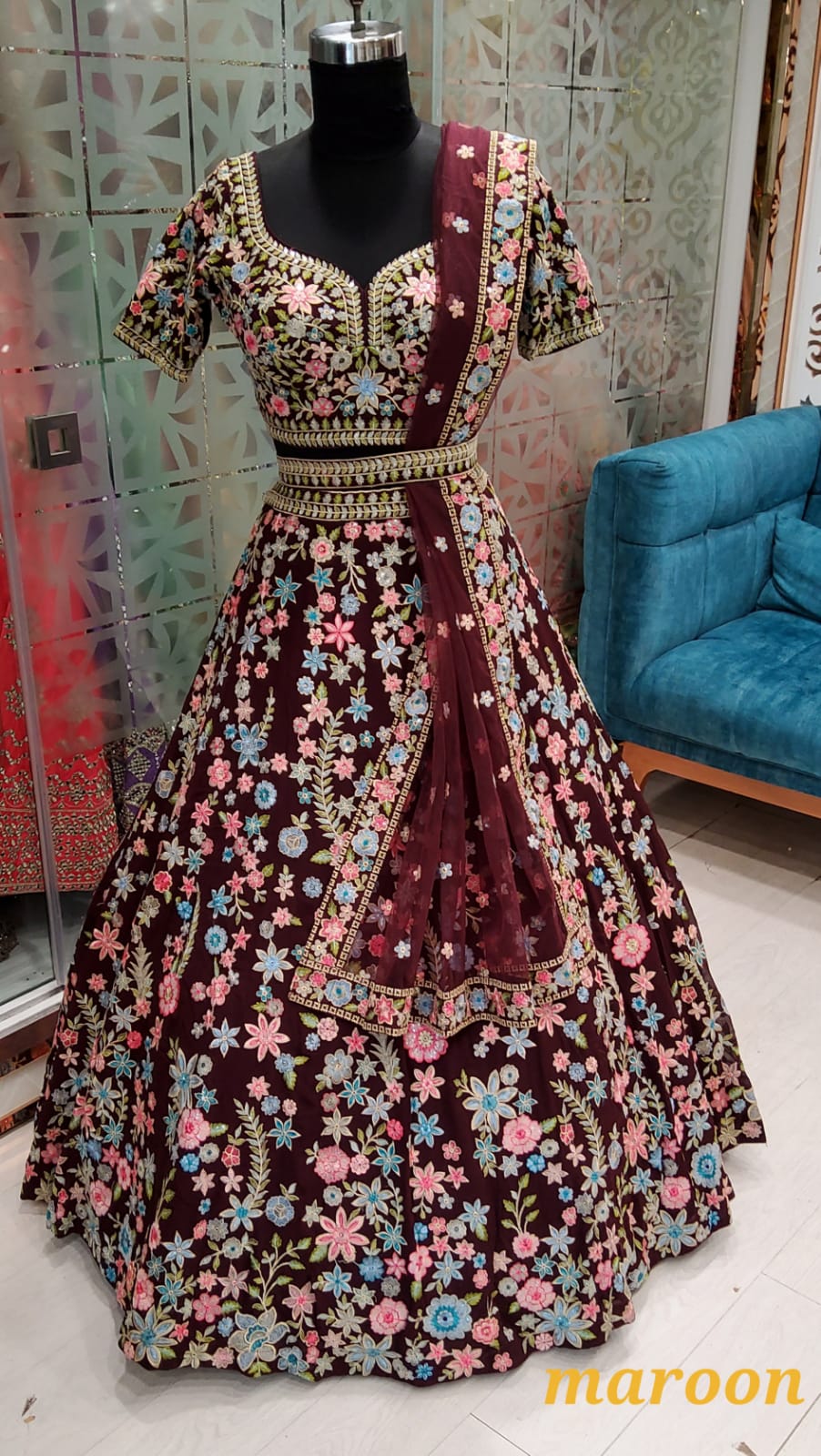 Maroon Floral Lehenga