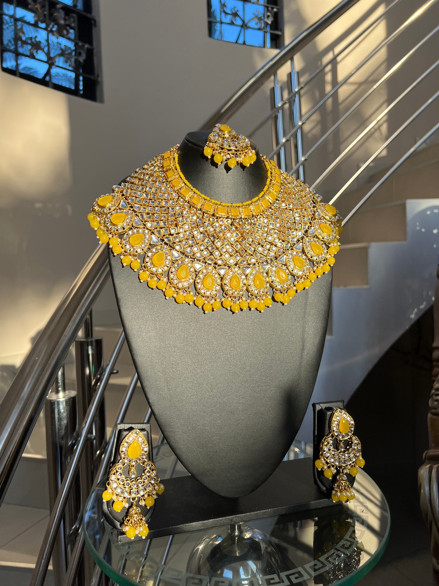 Kundan 4 piece set - Yellow