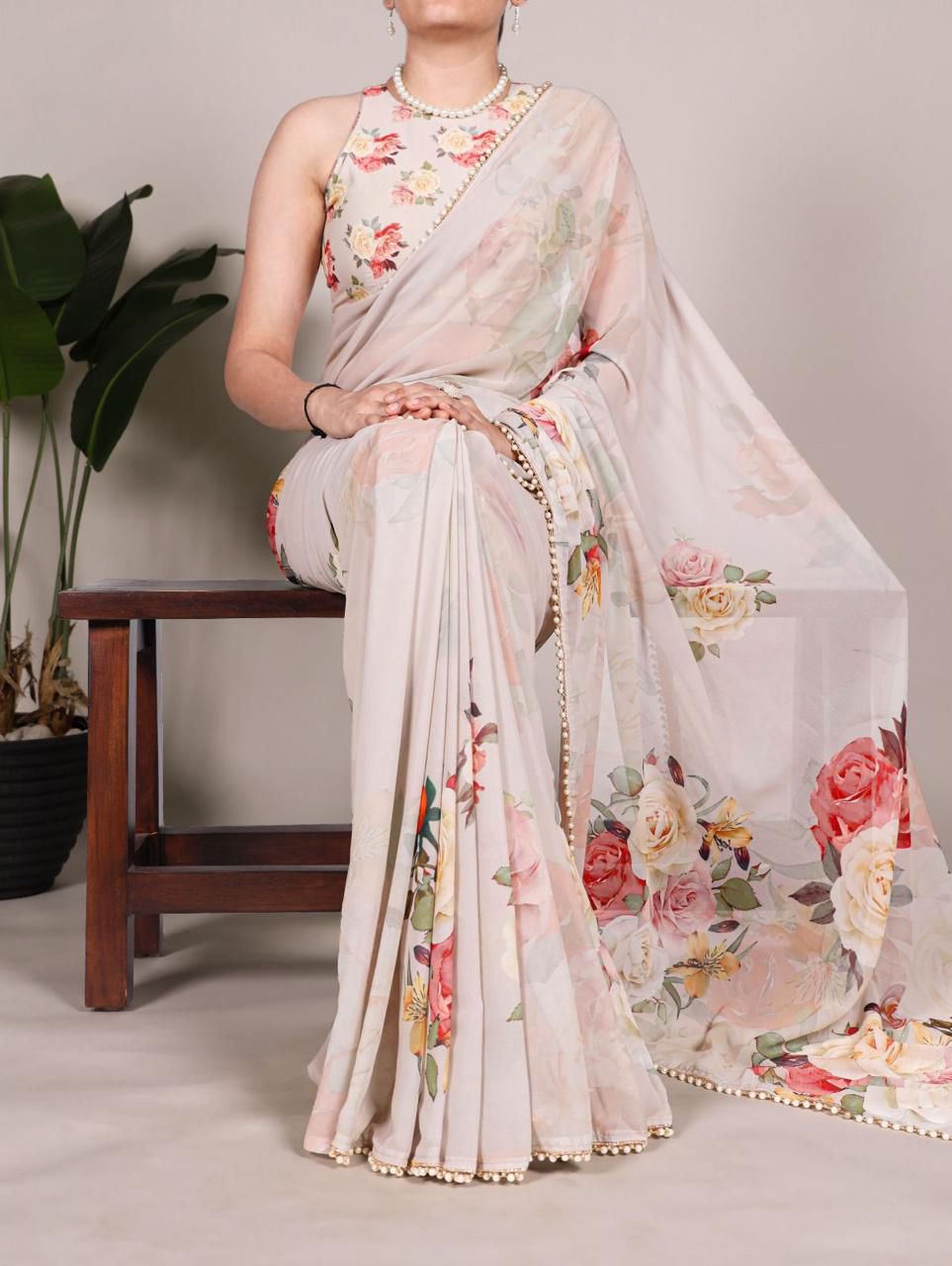 Milky White Rose Pearl Saree
