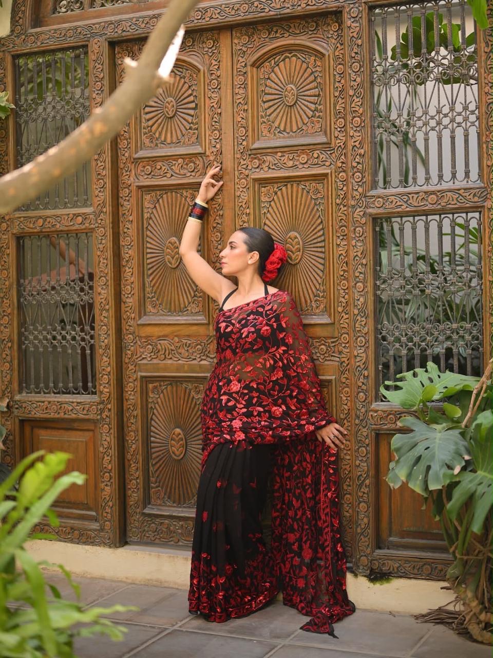 Designer Red Sequin Net Saree