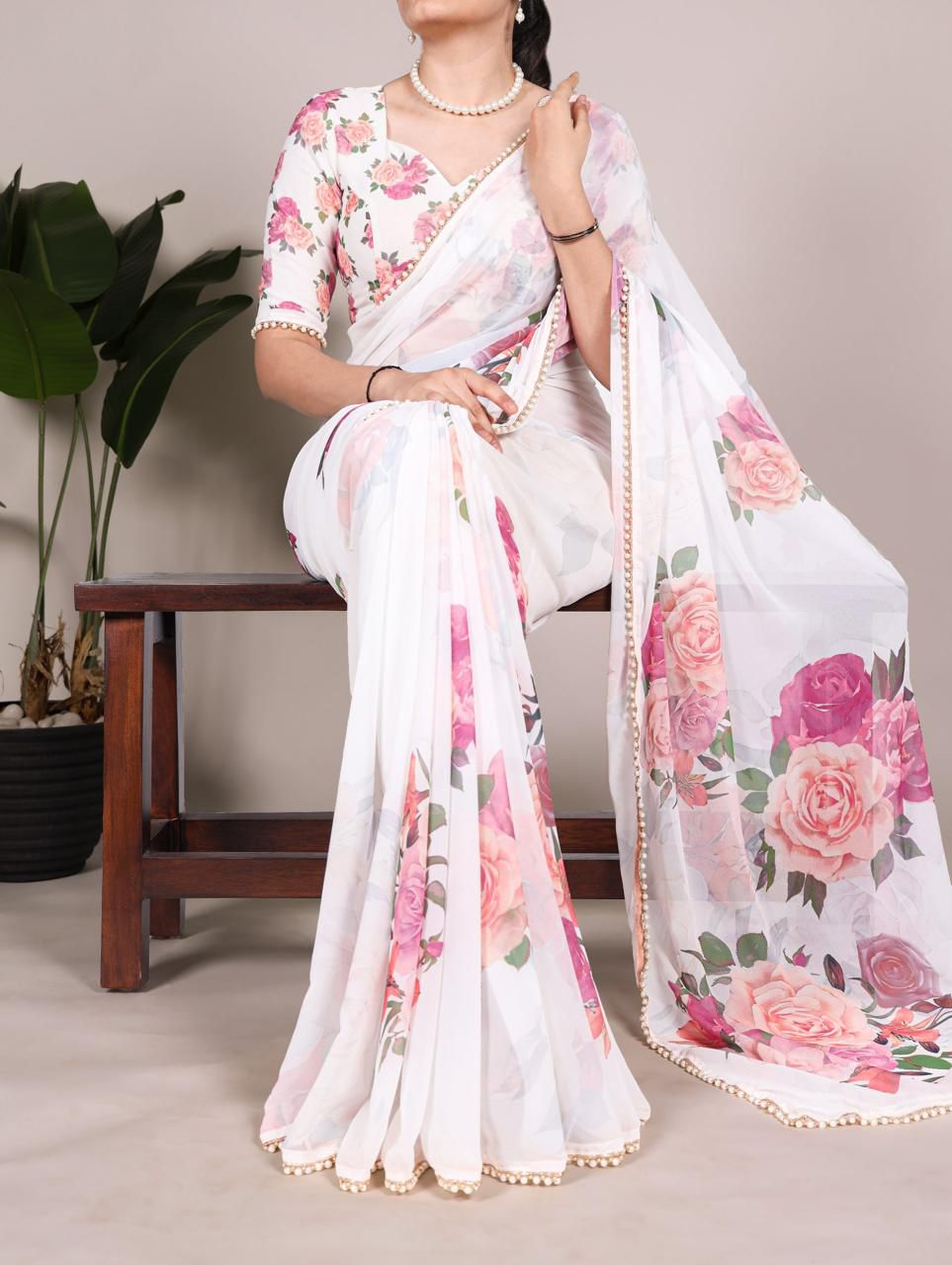 White Rose Pearl Saree