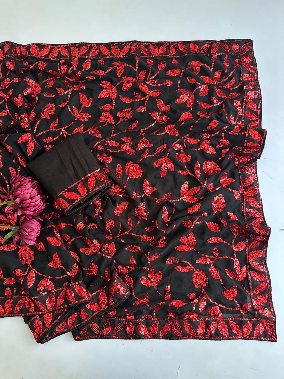 Designer Red Sequin Net Saree