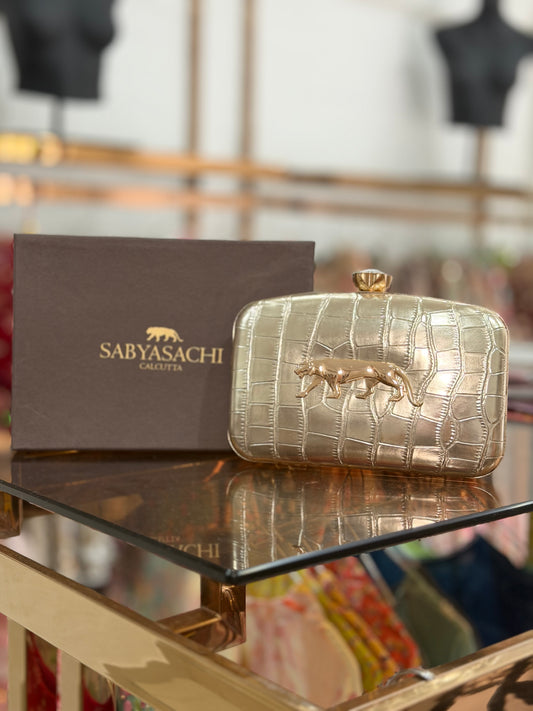 Sabyasachi Inspired Crystal Croc Clutch - Gold