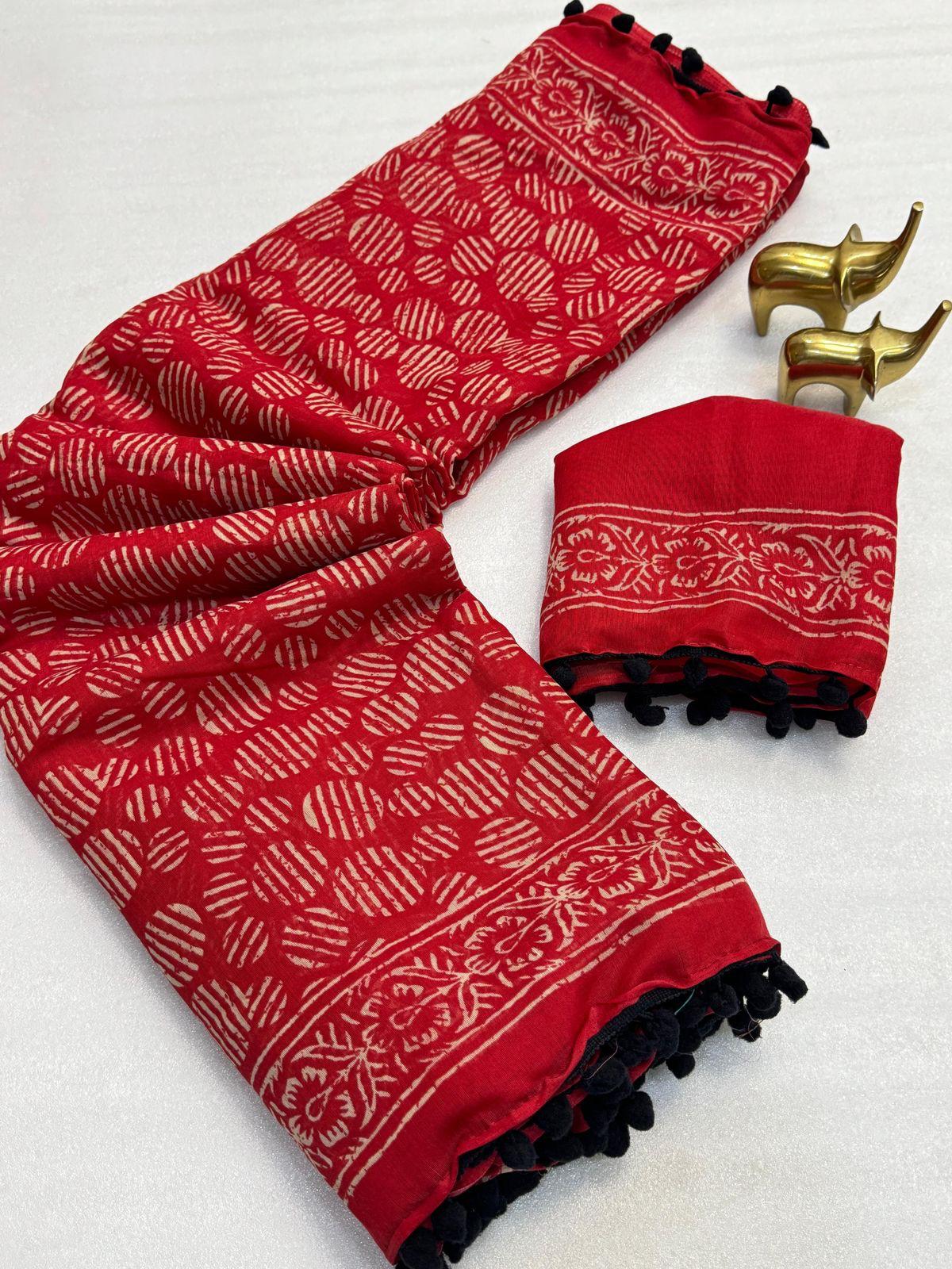 Red Pom-Pom Saree