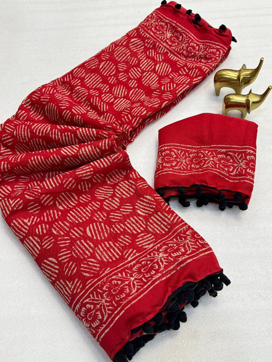 Red Pom-Pom Saree