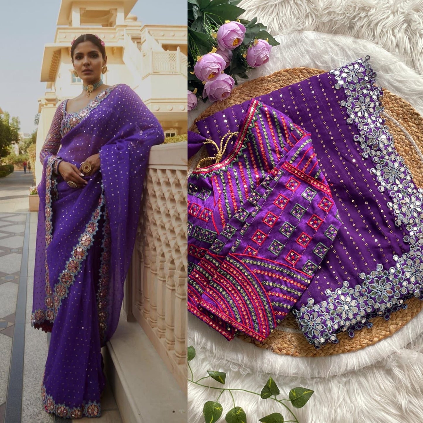Mirror Saree & Blouse Set - Aubergine