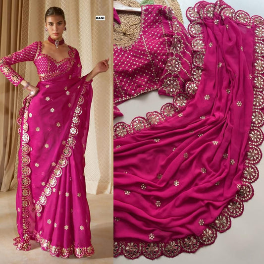 Mirror Work Saree & Ready Made Blouse (Cerise)