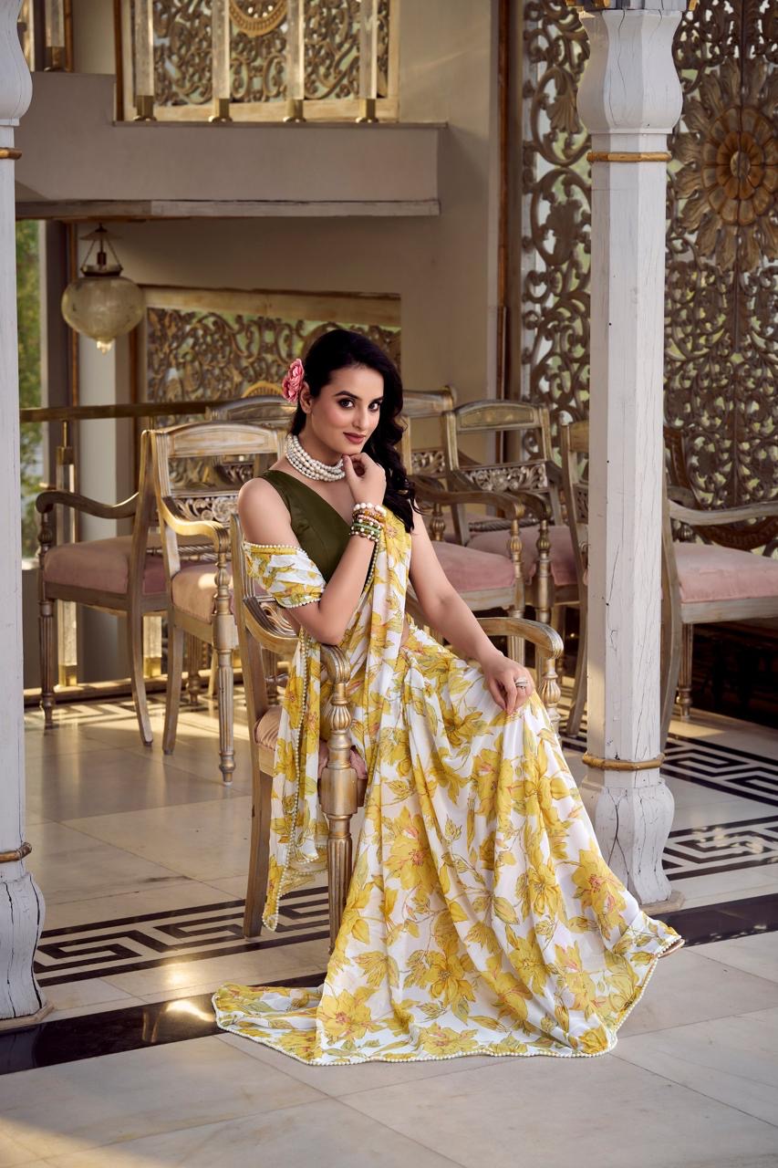 Yellow & Olive Floral Saree