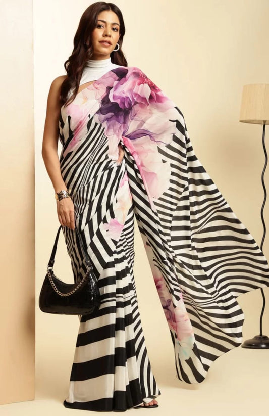 Striped Floral Saree - Black & White