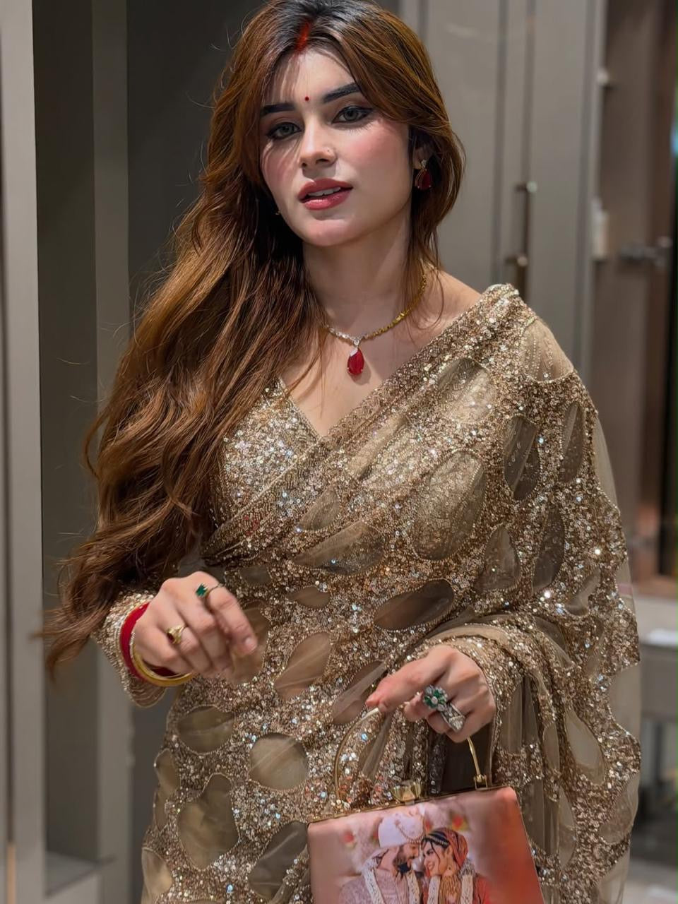 Designer Gold Sequin Saree