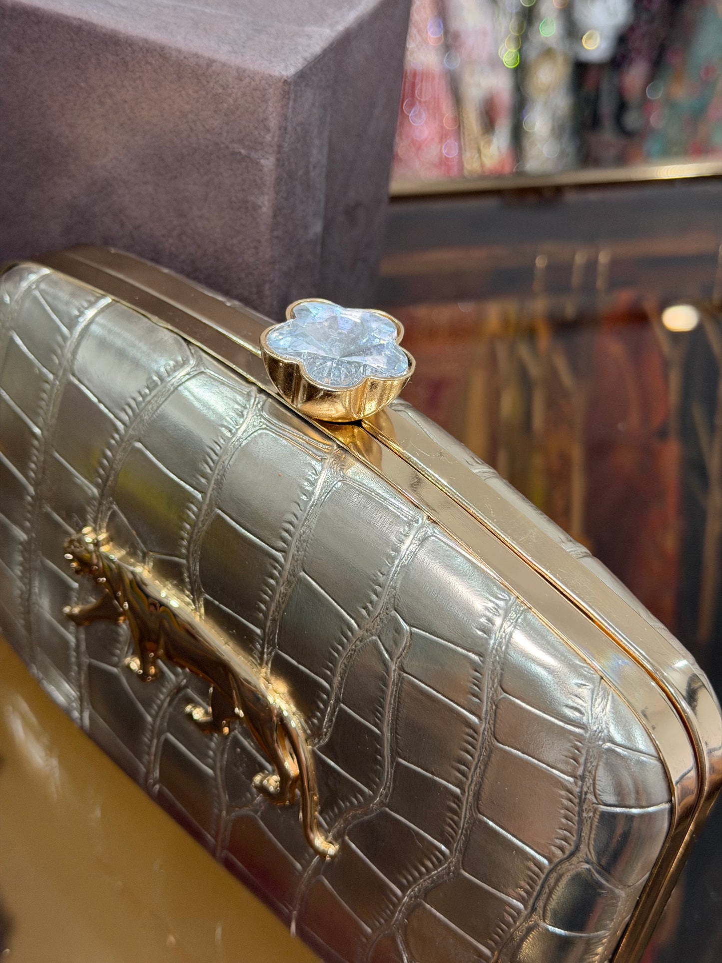 Sabyasachi Inspired Crystal Croc Clutch - Gold