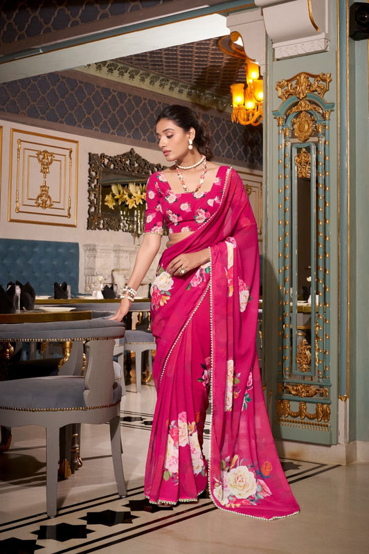 Floral Pearl Saree - Cerise