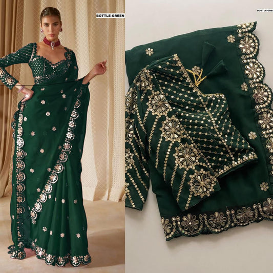 Mirror Work Saree & Ready Made Blouse (Emerald Green)