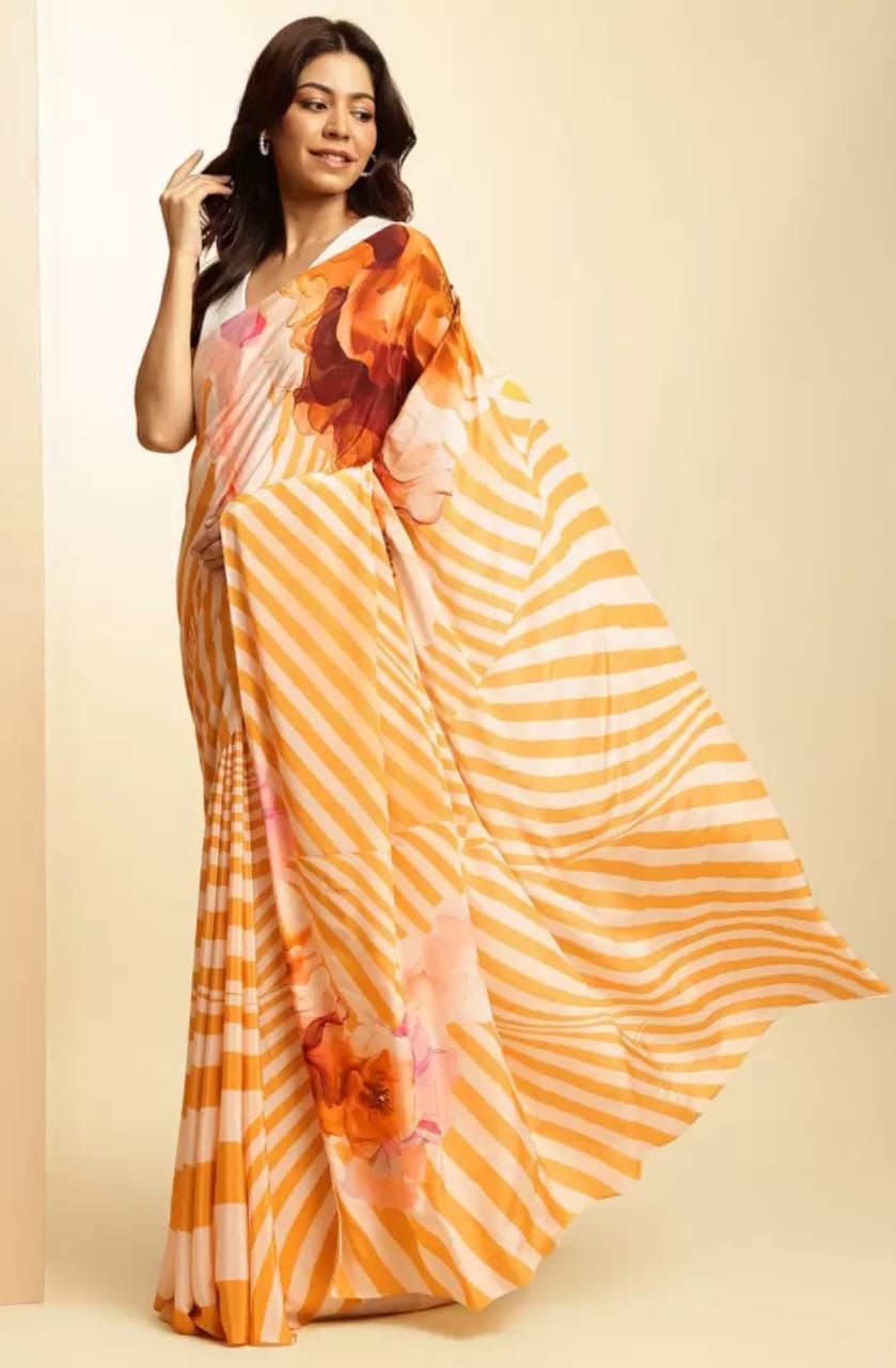 Striped Floral Saree - Orange & White
