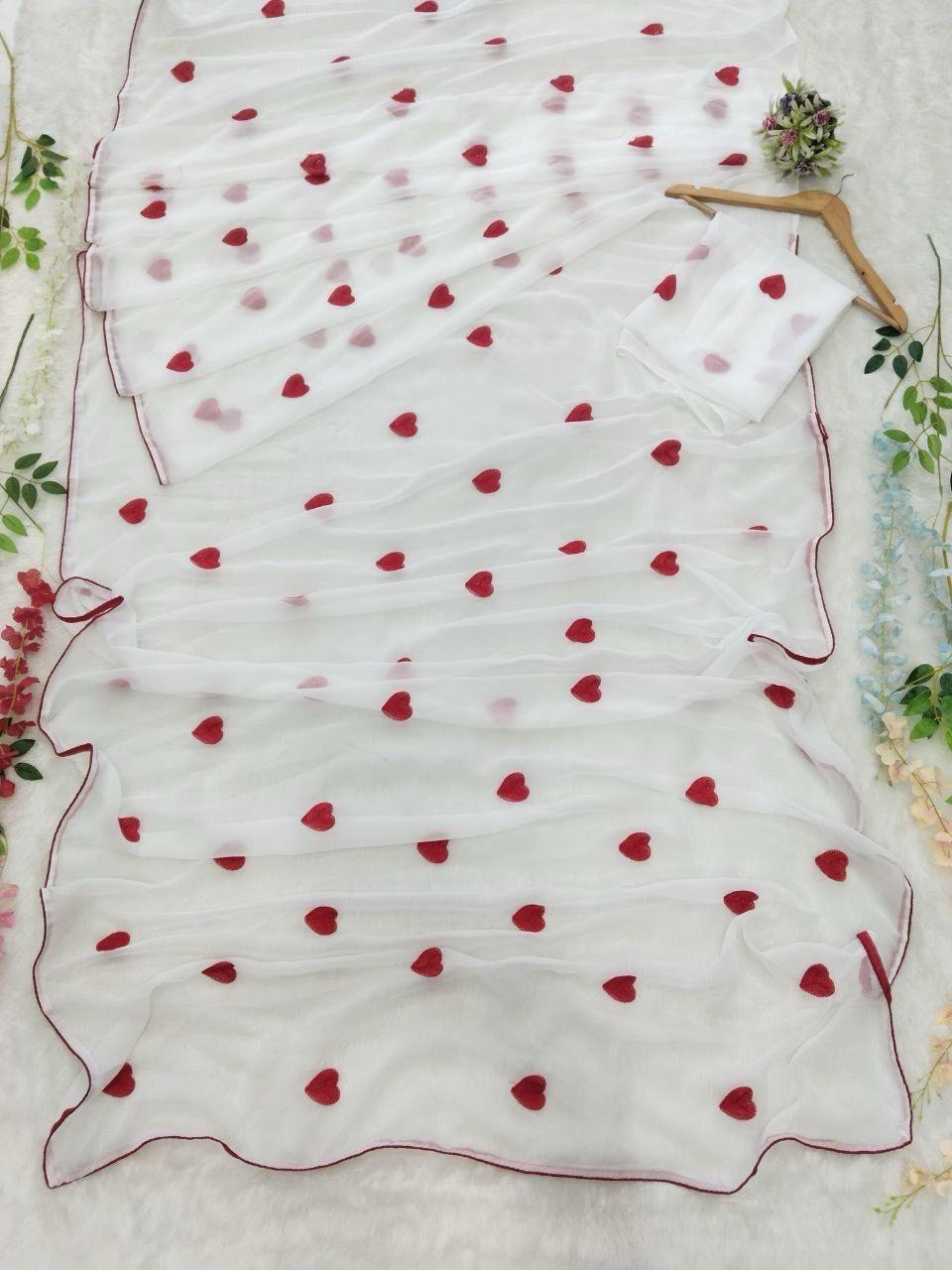 Red & White Heart Saree