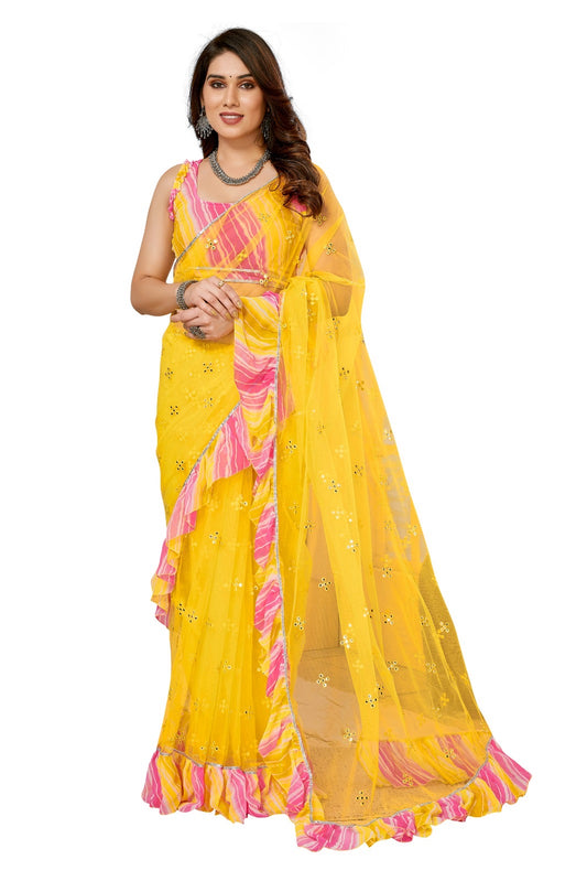 Yellow Mirror Ruffle Dreams Saree