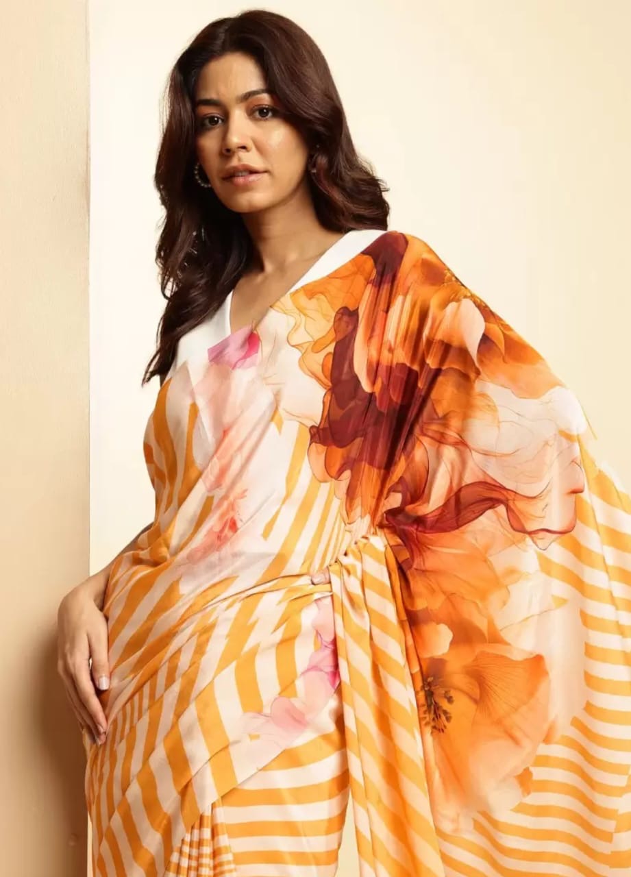 Striped Floral Saree - Orange & White
