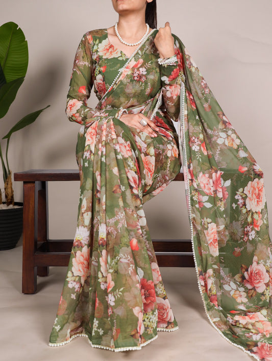 Forest Green Floral Pearl Saree