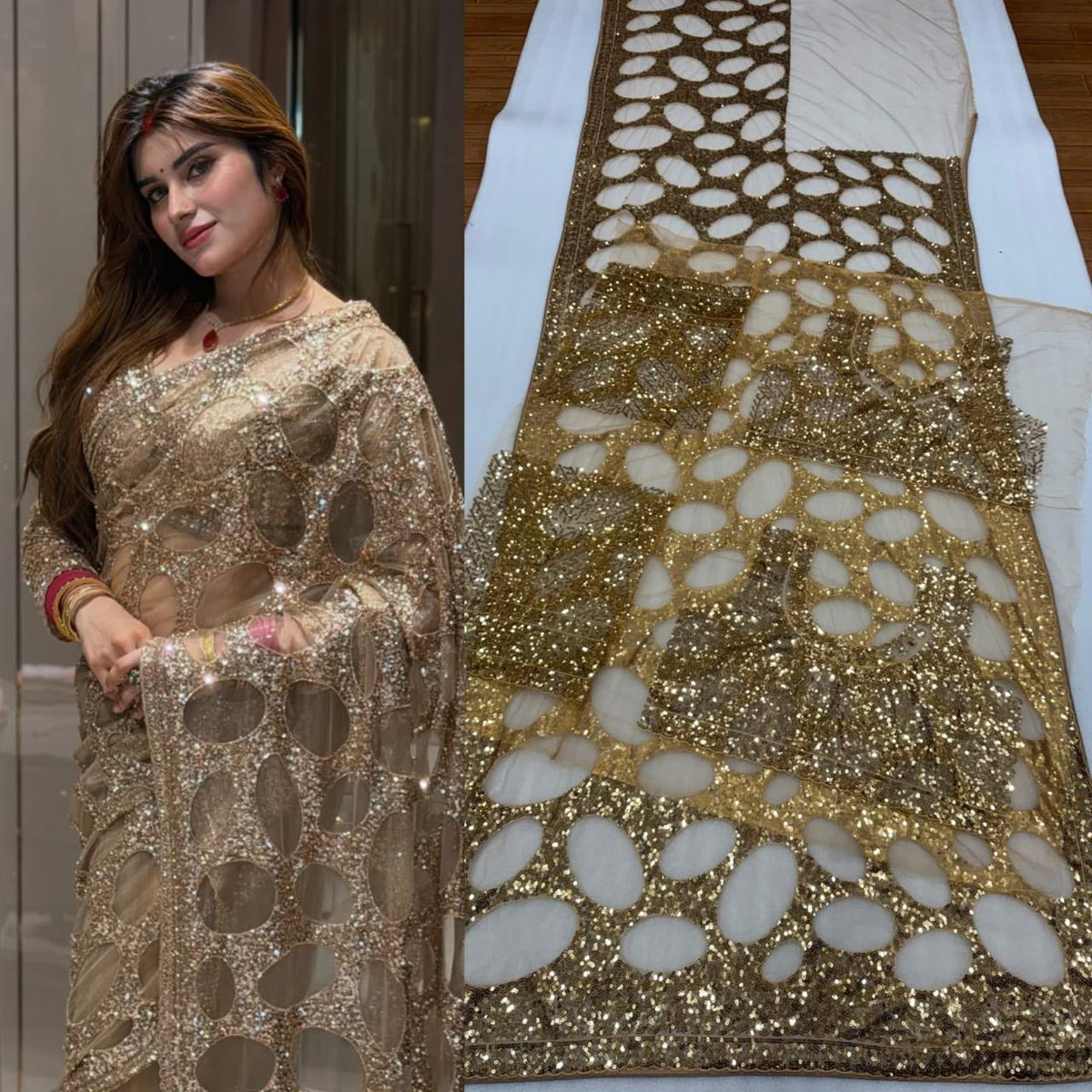 Designer Gold Sequin Saree