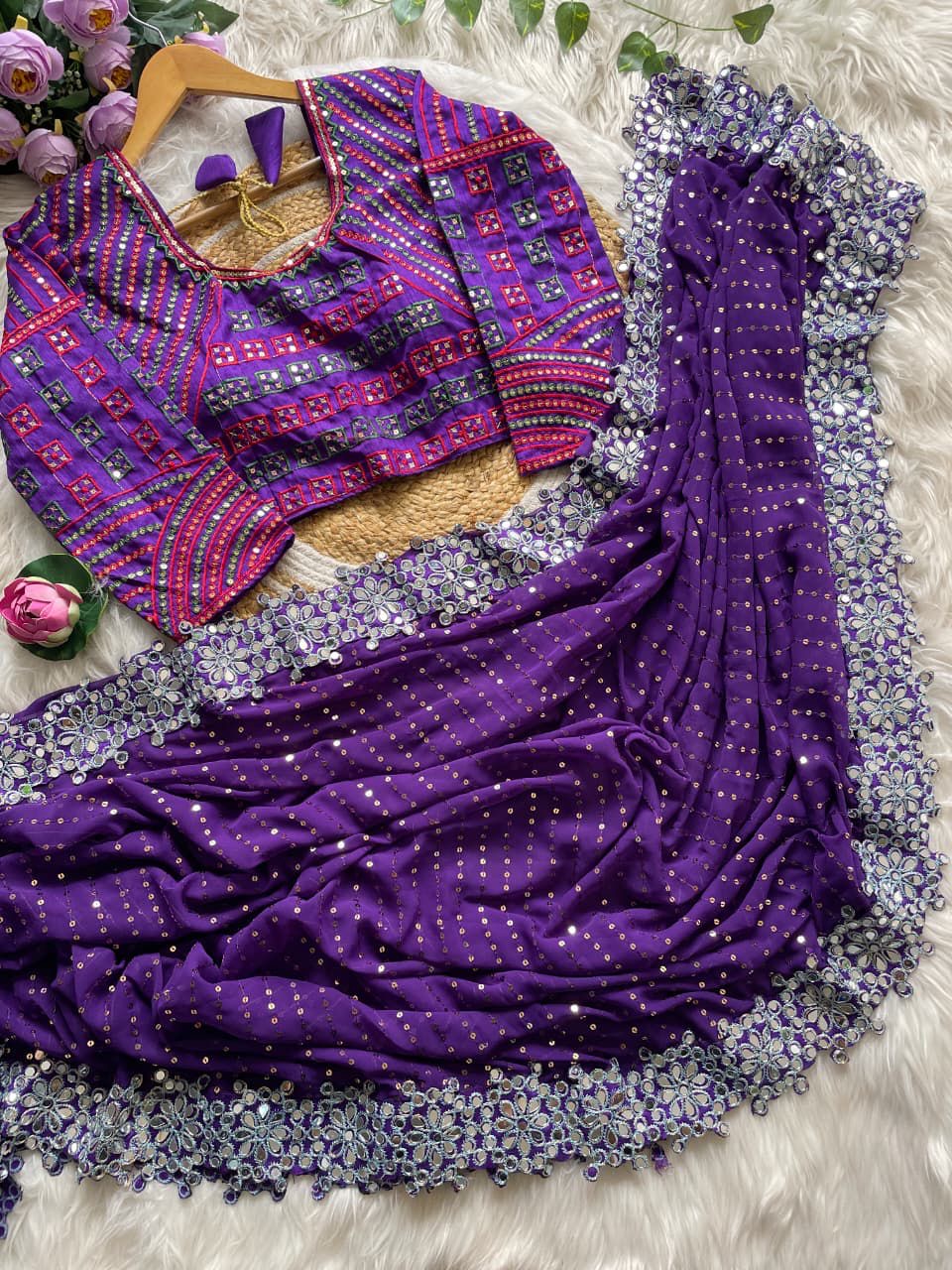 Mirror Saree & Blouse Set - Aubergine