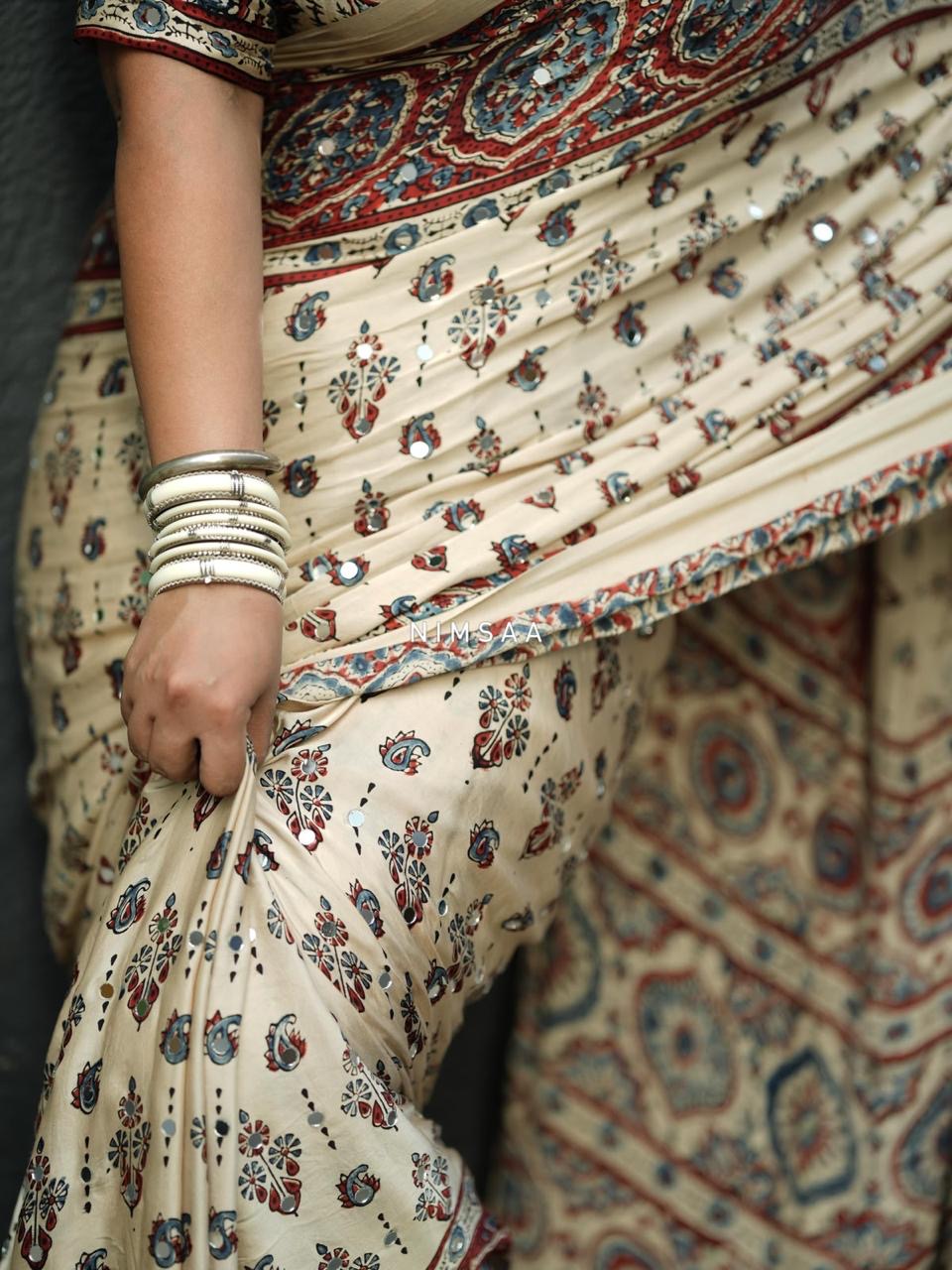 Ivory Rajasthani Mirror Saree
