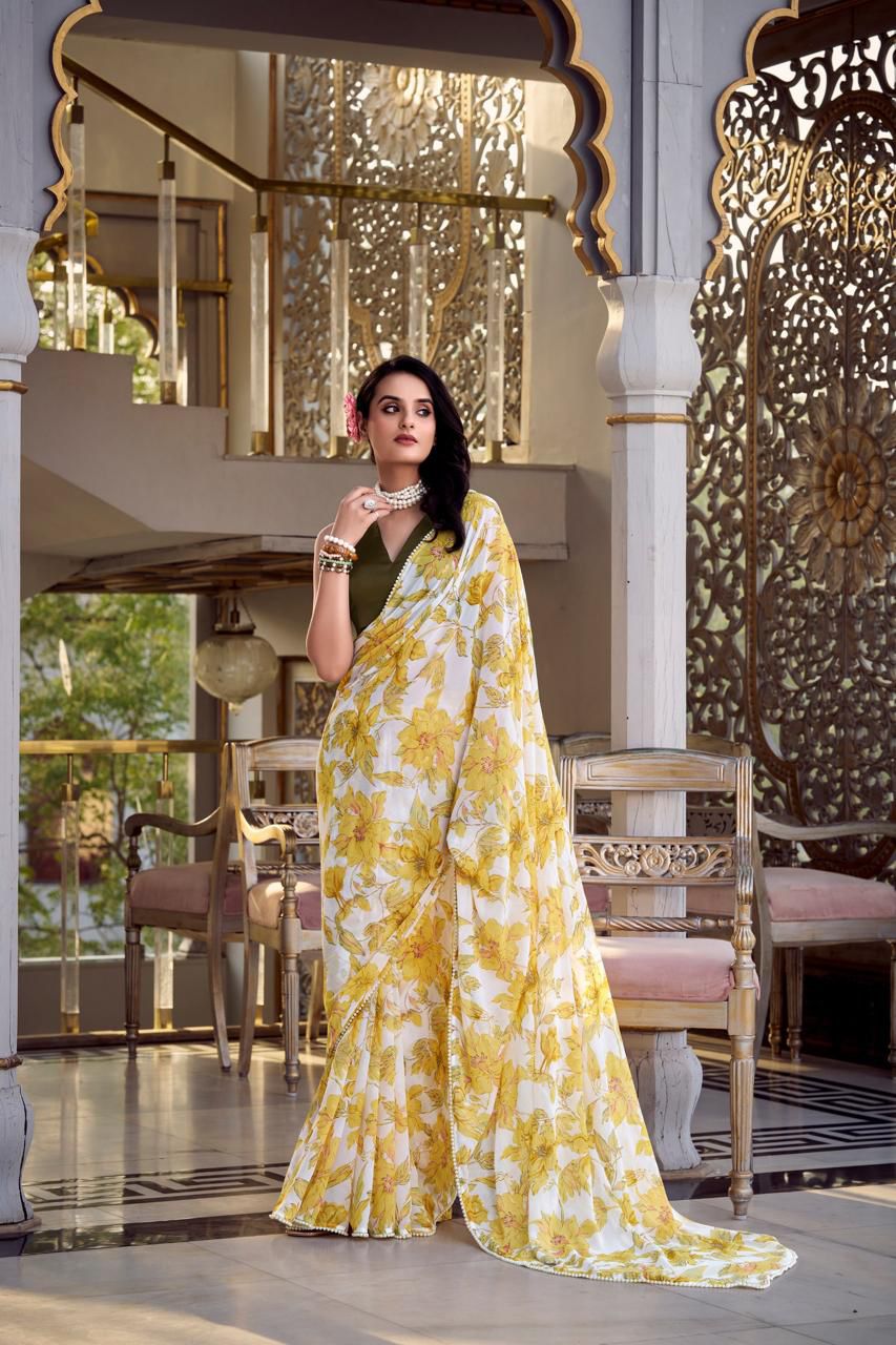 Yellow & Olive Floral Saree