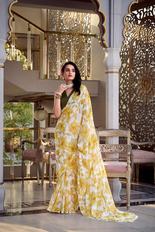 Yellow & Olive Floral Saree