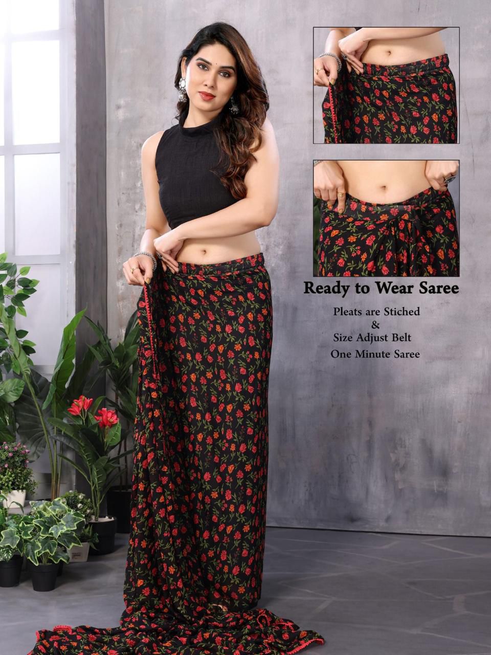 Black & Red Floral Ready Made Saree