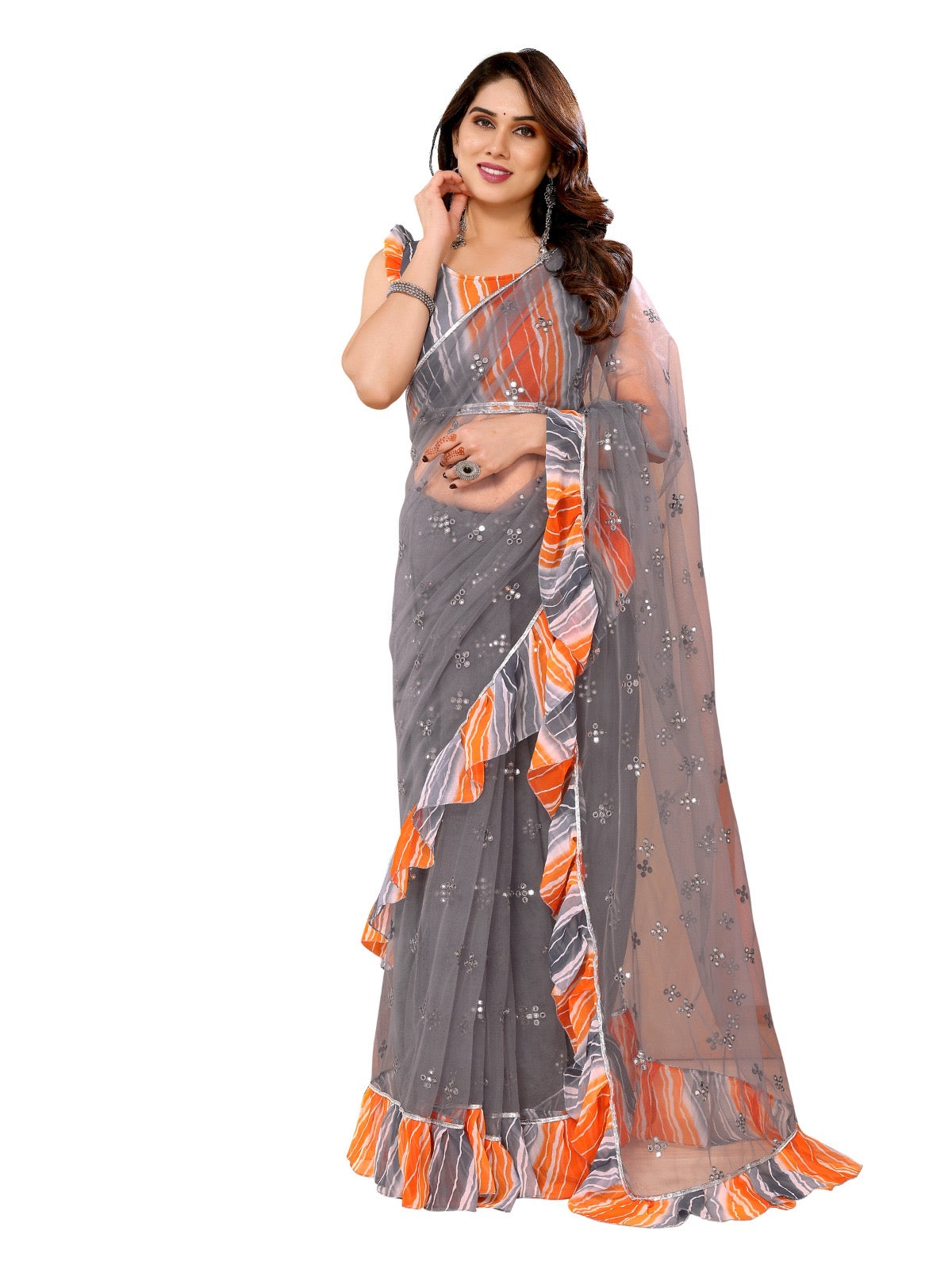 Gray Mirror Ruffle Dreams Saree