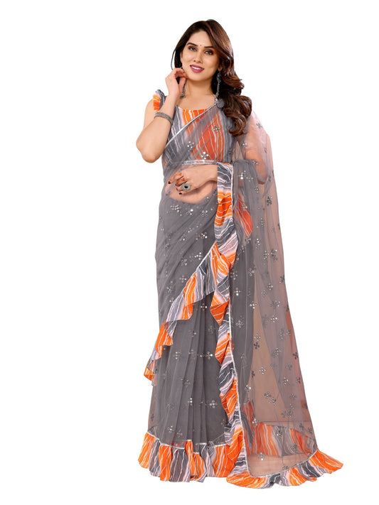 Gray Mirror Ruffle Dreams Saree
