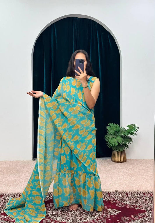 Teal Floral Saree Gown