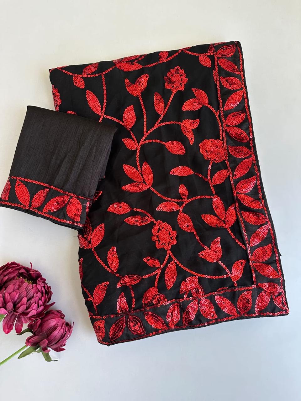 Designer Red Sequin Net Saree