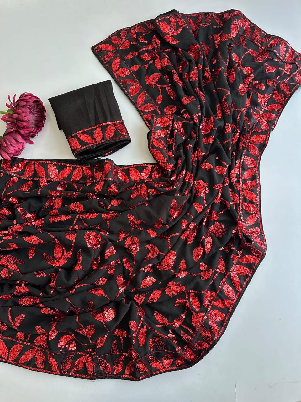 Designer Red Sequin Net Saree