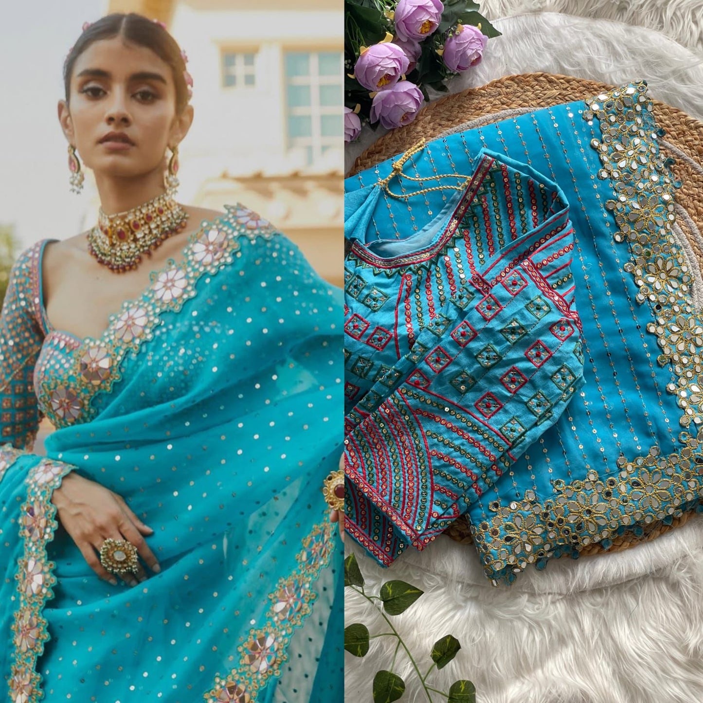 Mirror Saree & Blouse Set - Aqua