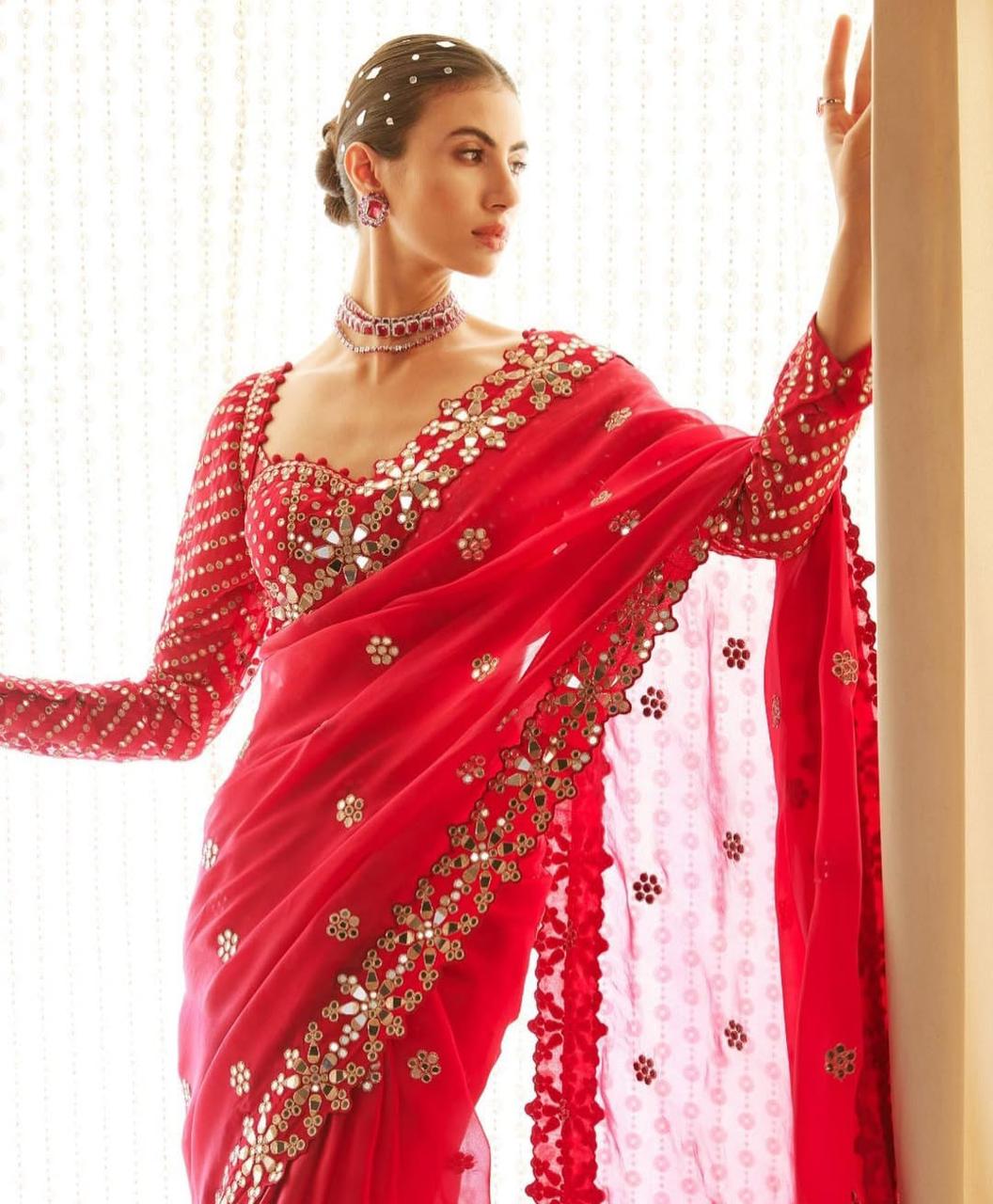 Designer Inspired Red Saree & Blouse