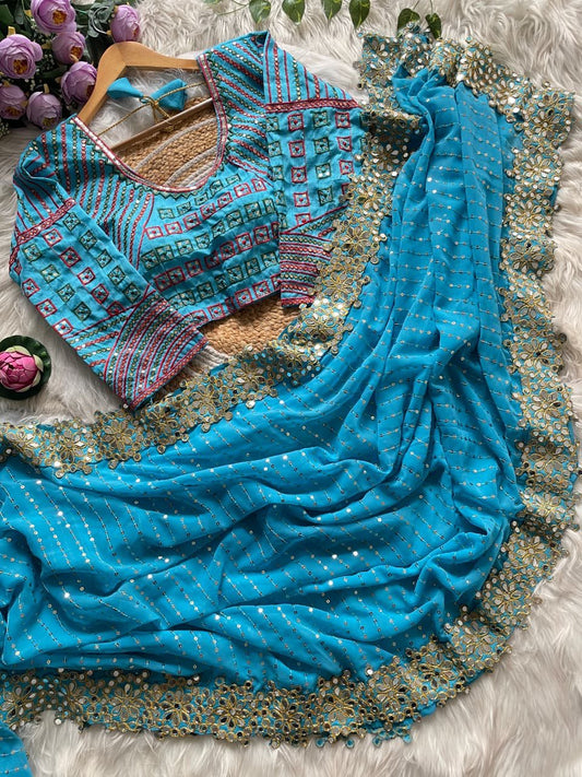 Mirror Saree & Blouse Set - Aqua