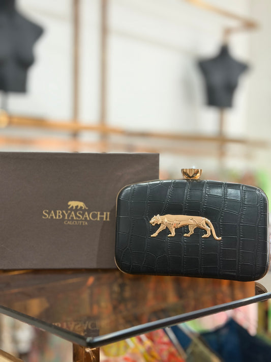 Sabyasachi Inspired Crystal Croc Clutch - Black