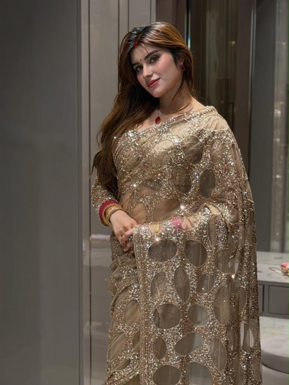 Designer Gold Sequin Saree