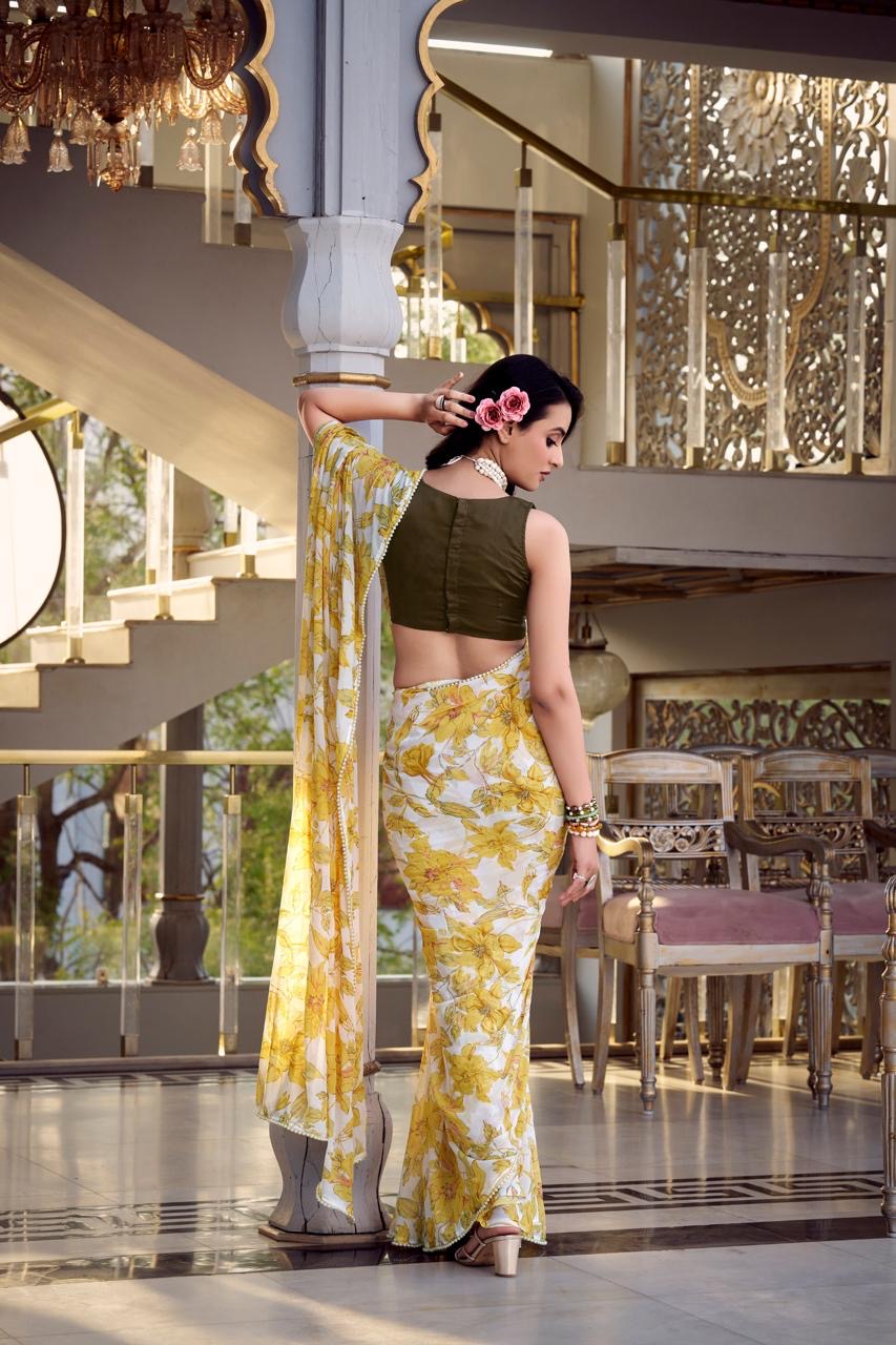Yellow & Olive Floral Saree