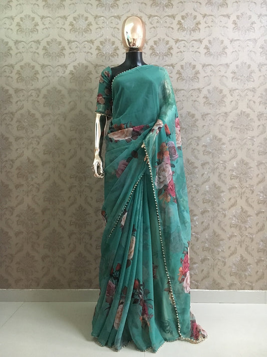 Teal Floral Saree