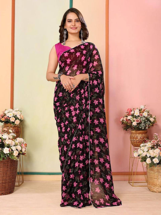 Black & Pink Floral Ready Made Saree